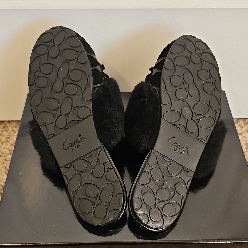 Coach Carra Signature C Size 7 Faux Fur Trim Slide Slippers Legacy Stripe - Picture 7 of 8